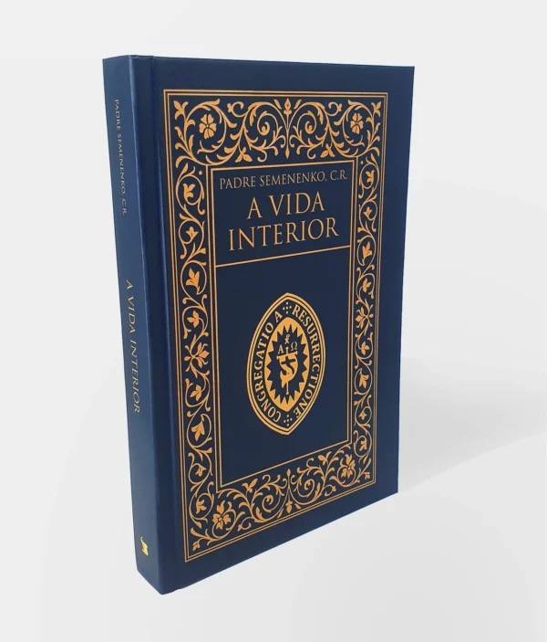 Capa do livro A Vida Interior, de Padre Semenenko, C.R., com moldura dourada ornamentada e emblema central da Congregação da Ressurreição.